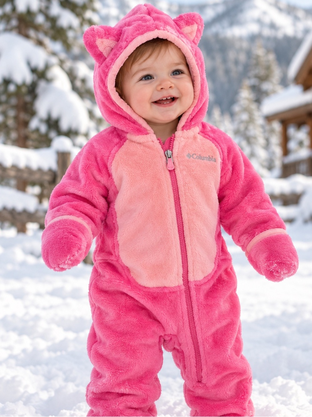 Columbia Baby Girls Pink Fleece Bear Bunting Snowsuit 6-12 Months